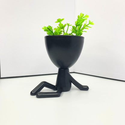 Sitting Stickman Figure Houseplant Holder with Succulent Planter Head