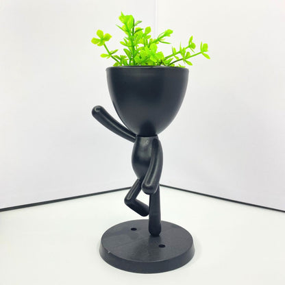 Waving Stickman Figure Houseplant Holder with Succulent Planter Head